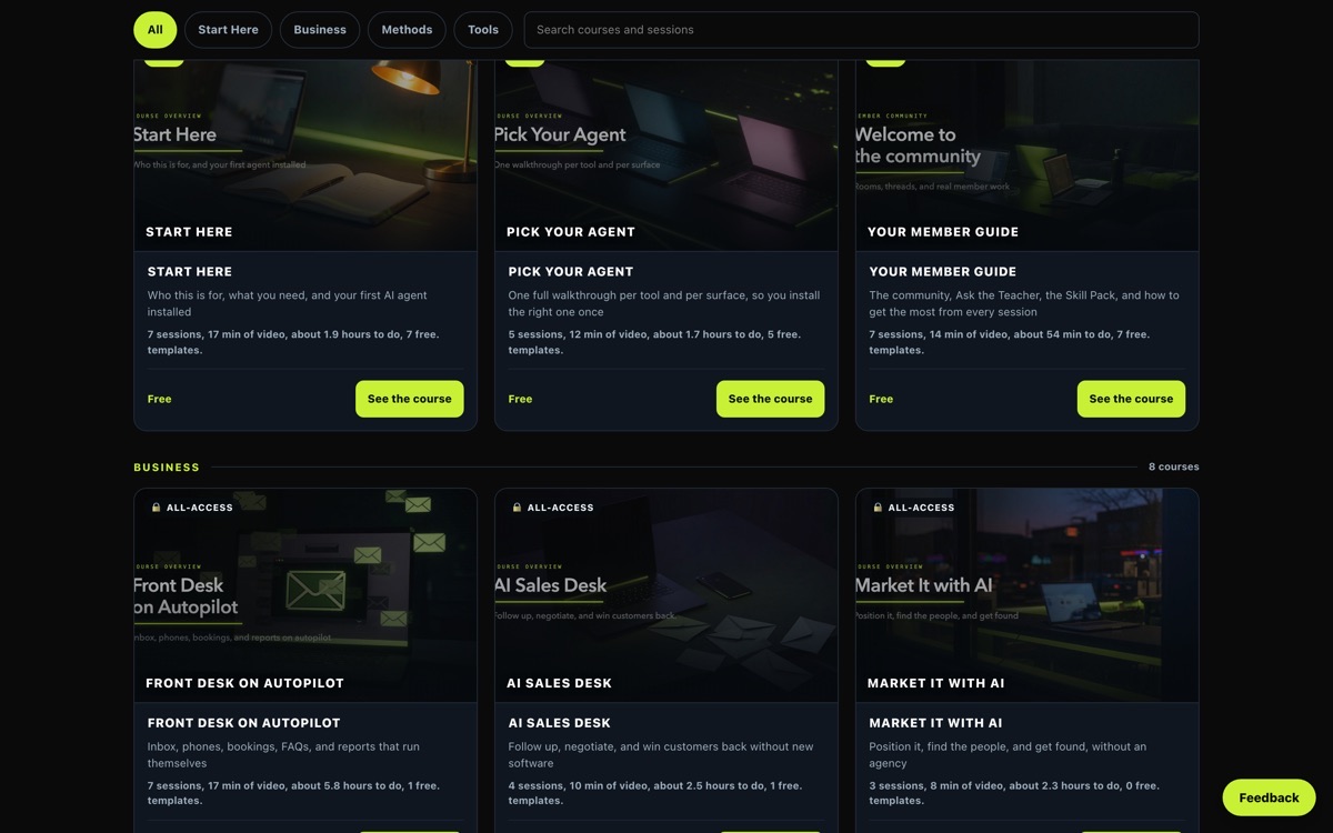 A course catalog with topic filters and a search box, each course card saying how many sessions it holds, how much video, and how long it takes.