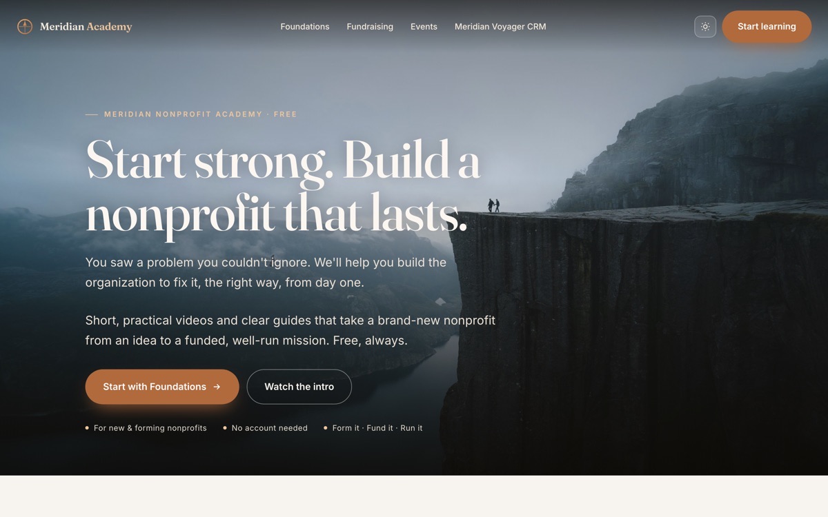 The Meridian Nonprofit Academy landing page, headlined start strong, build a nonprofit that lasts, with buttons to start the first course or watch the introduction.