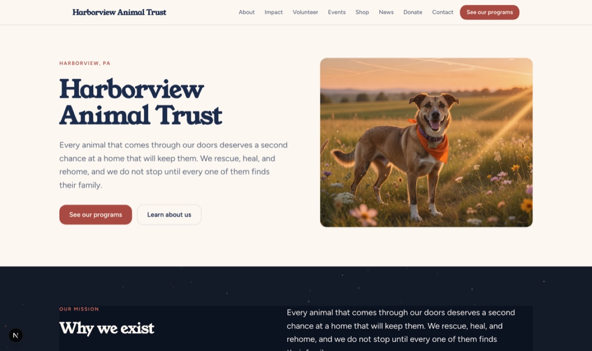 Sample site for a fictional organization, Harborview Animal Trust, in the First Light look