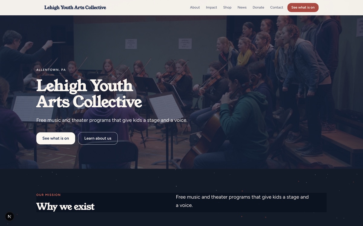 Sample site for a fictional organization, Lehigh Youth Arts Collective, in the First Light look