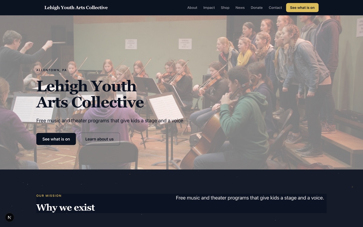 Sample site for a fictional organization, Lehigh Youth Arts Collective, in the Midnight look