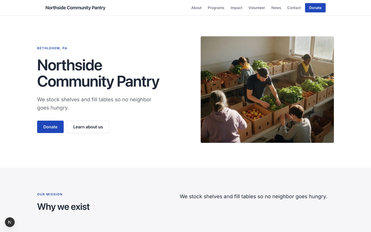 Sample site for a fictional organization, Northside Community Pantry, in the Civic look