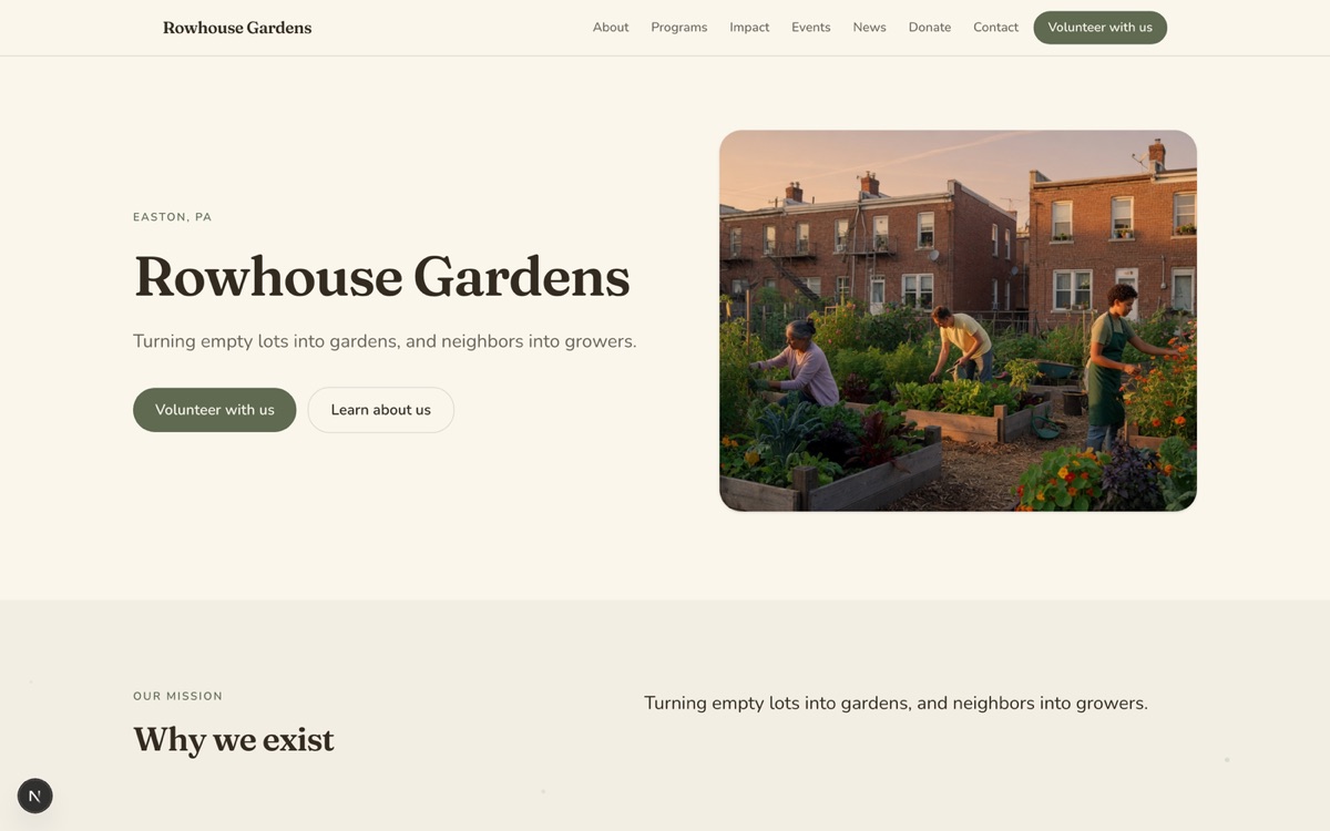 Sample site for a fictional organization, Rowhouse Gardens, in the Meadow look