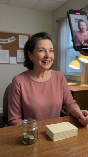 A staff member filming a thank you message at her desk, with a jar of coins and a stack of thank you cards in front of her.